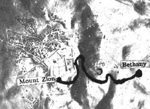 Bible map of the path of Jesus from Bethany to Jerusalem